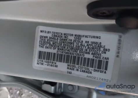 2003 Toyota Matrix Xrs from USA, damaged, VIN 2T1KY38E83C125373